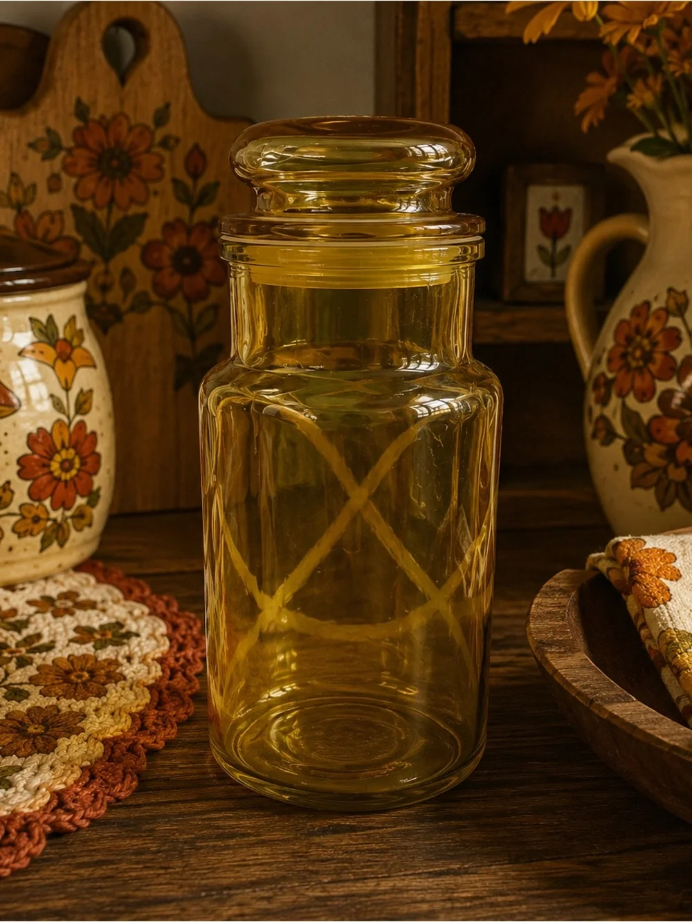 Amber Glass Storage Canister with Lid - Home Kitchen